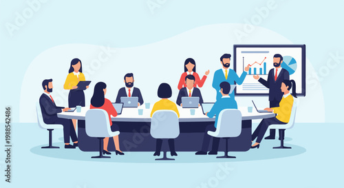 Diverse professionals in a bright office collaborate around a conference table, discussing data on a large screen