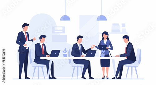 Diverse business professionals collaborate around a table in a modern office environment