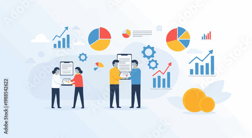 Business team collaborates using digital tools and analyzing charts and graphs with coins