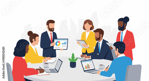 Diverse team collaborating around a table, discussing charts and data on laptops and tablets