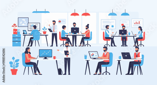 Diverse professionals collaborating and working on computers in a modern office setting