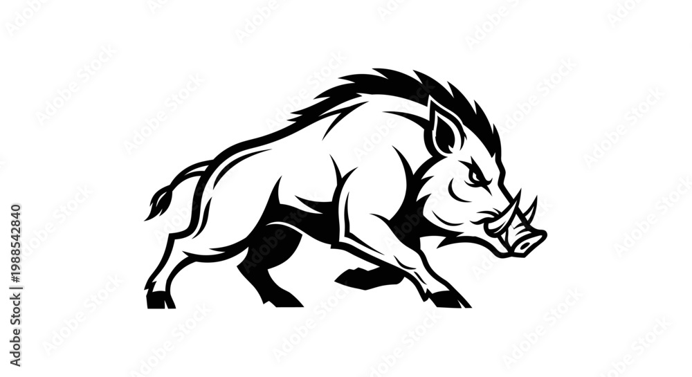 Fototapeta premium Charging wild boar mascot logo in black and white