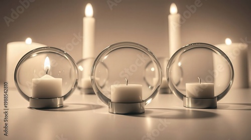 warm candlelight, glass spheres with soft shadows on pastel background