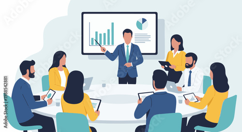 A team meeting where a presenter shows business growth charts on a screen