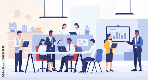 Diverse professionals collaborate in a modern office, discussing plans and analyzing data