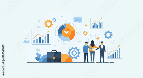 Business team collaboration with charts, gears, and briefcase, growth, strategy, success