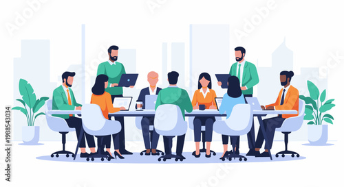 Diverse professionals collaborate around a table in a modern office