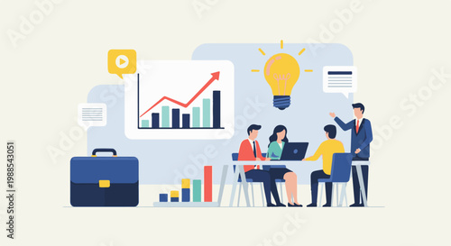 A team brainstorms ideas at a table, with charts and a lightbulb symbolizing innovation and growth