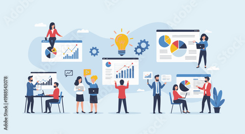 Business team collaborates, analyzing charts and graphs, with a bright idea bulb illuminating their work
