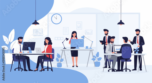 A modern office scene with employees working at desks, utilizing computers, and collaborating in a bright, airy workspace