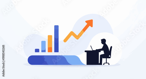Silhouette of person at desk with laptop next to upward trending bar graph and arrow