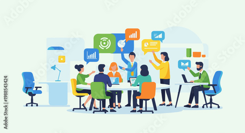 Diverse team collaborates in a modern office, discussing data via speech bubbles