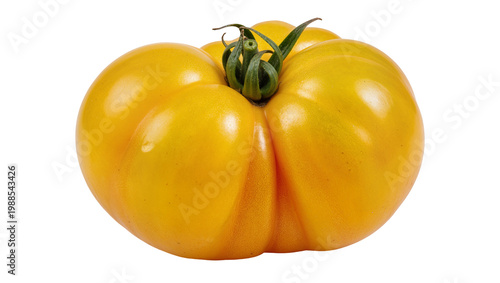 Billede på lærred Ripe yellow heirloom tomato with green stem, isolated on transparent background
