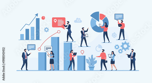 Diverse group of professionals collaborating around business growth charts and data visualizations