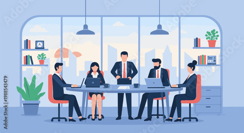 Business meeting with diverse team collaborating around a table in a modern office