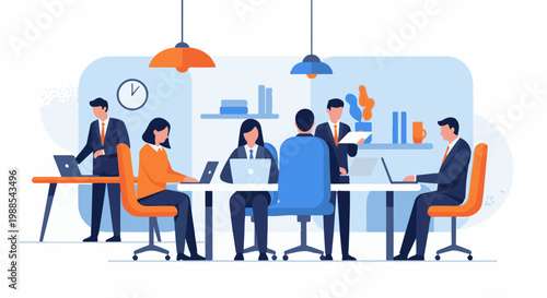 Diverse professionals collaborate around a long table in a bright, modern office setting