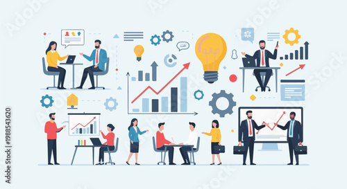 Diverse professionals collaborate in a modern office setting, analyzing data and sharing ideas