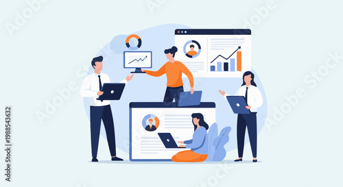 Professionals collaborating around digital screens displaying data and analytics, emphasizing teamwork and insight