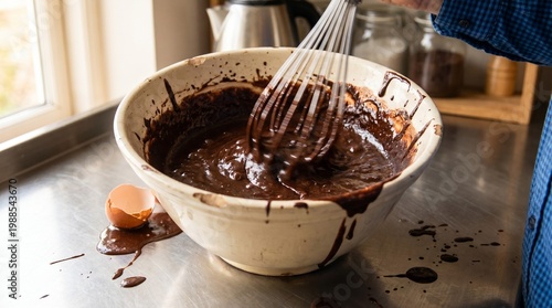 Whisk mixing dark chocolate cake batter with messy splashes in bowl