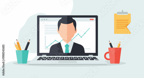 Businessman on laptop screen with financial graph, pencils, and notepad