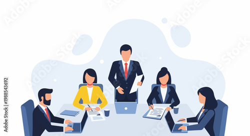 Five professionals in suits gathered around a table in a meeting, discussing documents and using laptops