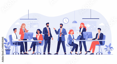 Professionals collaborate in a modern office setting, engaged in discussions and using technology