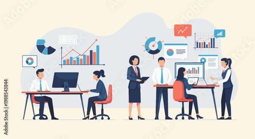 Professionals analyze data and charts in a modern office setting