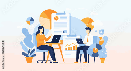 Two professionals collaborating on data analysis, surrounded by charts and graphs