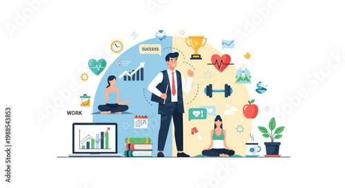 Work-life balance concept with a businessman and elements of career and personal well-being.