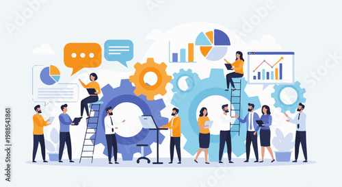 Diverse business professionals collaborate on a project, with gears and charts symbolizing teamwork and progress