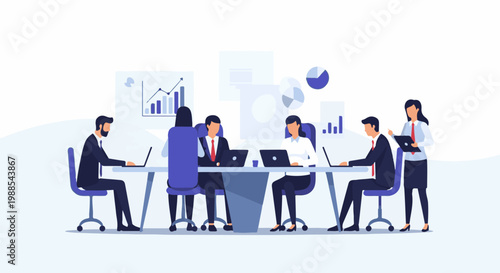 A team of professionals collaborate around a table with laptops, charts, and diagrams displayed