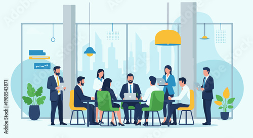 Business professionals gather around a table in a modern office for a meeting, discussing plans