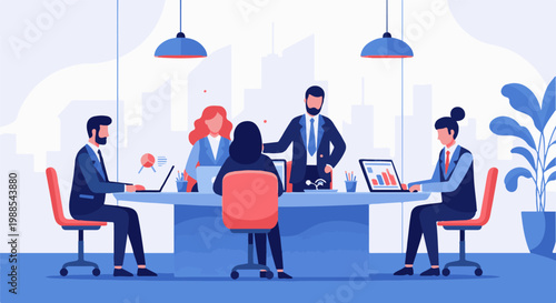 Professionals in a modern office collaborate around a table, with city skyline visible