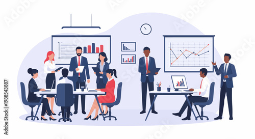 A diverse group of business professionals collaborating in a modern office environment, presenting data