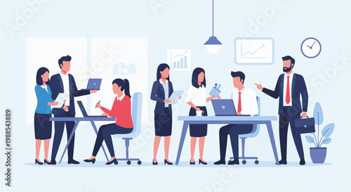 Diverse professionals collaborating in a modern office, engaging in meetings and tasks