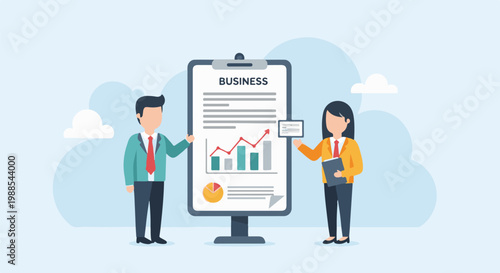 Professionals presenting business data on a clipboard against a cloudy sky