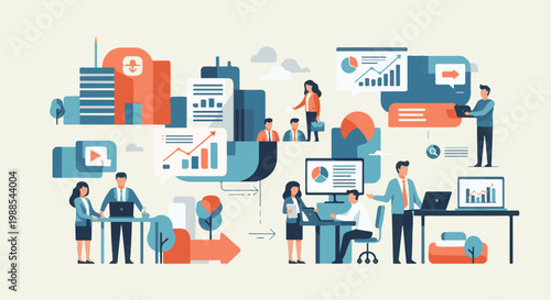 Colleagues collaborate in modern office settings, analyzing data and sharing ideas for business growth