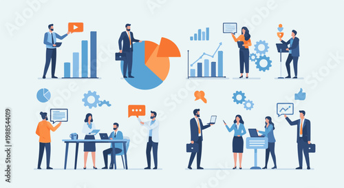 Business professionals collaborate on data analysis and strategy using charts, graphs and technology