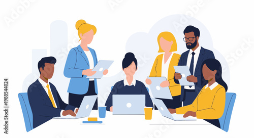 Diverse professionals collaborating on a project at a modern office setting