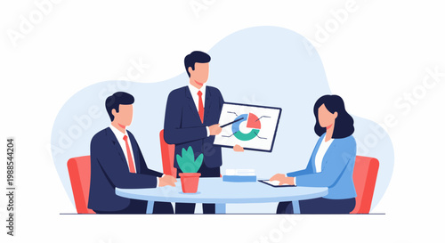 A team discusses a pie chart presentation at a table, with a plant nearby