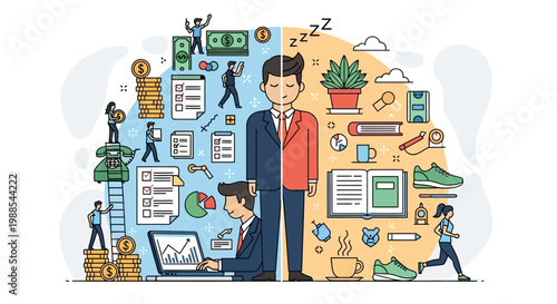 Work-life balance concept with a person split between professional and personal activities.