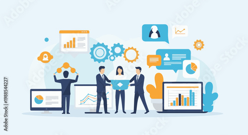 Business team collaborating on digital charts and data analysis, with gears and communication icons