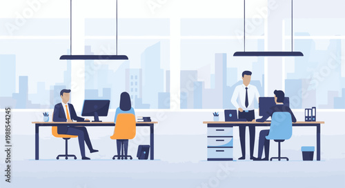 Office workers at desks with computers, city view through window