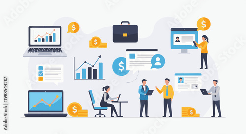 Professionals collaborate on digital platforms, analyzing data and finances, surrounded by money symbols