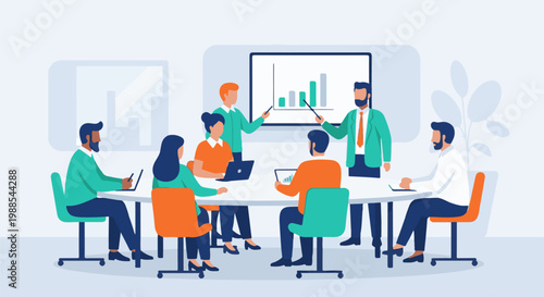 Diverse group in a modern meeting room discusses charts and data presented on a screen