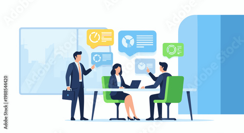 Colleagues collaborate at a table with charts displayed in speech bubbles