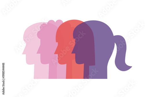Group diverse women silhouettes in profile. Female empowerment and sisterhood concept. International Womens Day. illustration with colorful female faces for equality. Multicultural girls community