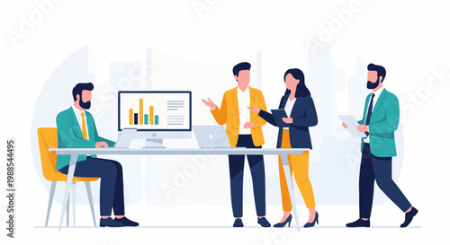 Diverse professionals collaborate in a modern office environment with a focus on data analysis
