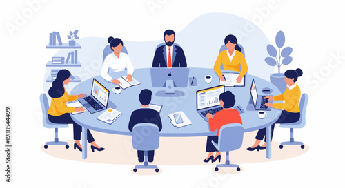 A diverse team collaborates around a conference table, laptops open, focused on strategy
