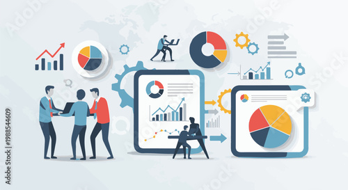 A team of business people collaborate on a project, analyzing data and charts